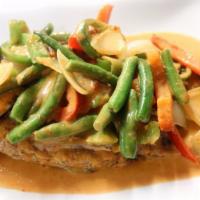 Spicy Curry Tilapia (Medium) · Spicy red curry sautéed with creamy coconut milk, green beans, onions, bell peppers and jala...