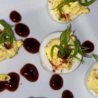 Deviled Eggs · Five Halves Over-Medium topped with Lime Crushed Avocado, Housemade Bacon Jam, Green Onion g...