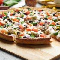 Vegenation Pizza · This pizza has our signature red sauce, fresh diced mozzarella cheese, fresh mushrooms, cris...