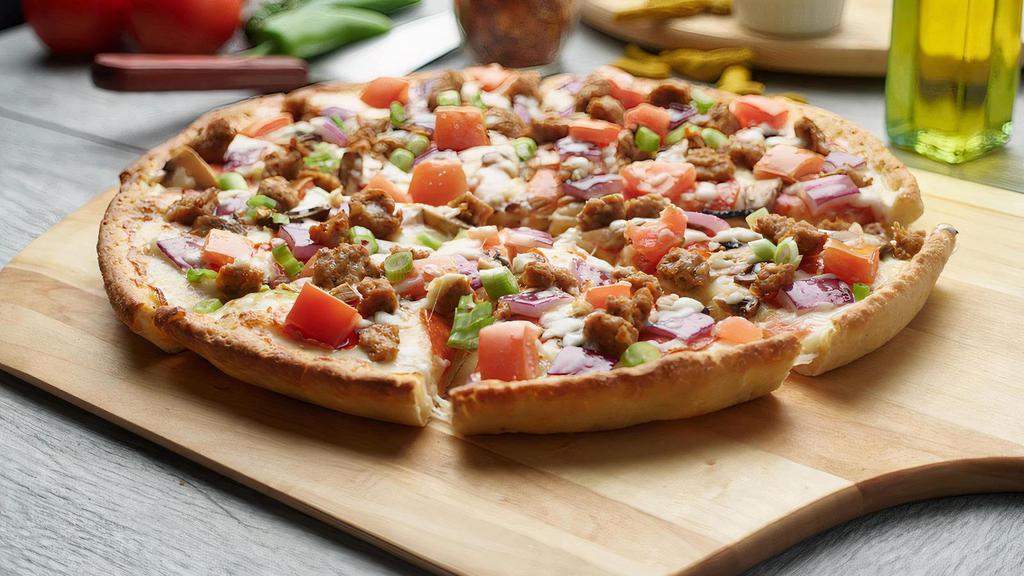 Italian Garlic Pizza · This pizza has our signature creamy garlic sauce, sliced pepperoni, fresh mushroom, crisp red onions, juicy tomatoes, and juicy Italian  sausage