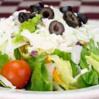 House Salad · Gluten-free. Mixed greens topped with mozzarella, cherry tomatoes, black olives, and cucumbe...