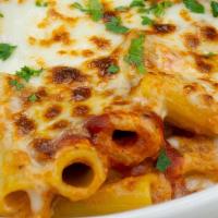 Baked Rigatoni · Tossed with marinara, Romano, and ricotta, topped with melted mozzarella.