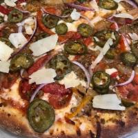 Angelo · Tomato sauce, spicy pepperoni, sausage, caramelized onions, roasted red peppers, red onions,...