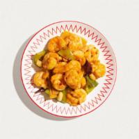 Kung Pao Shrimp · Stir fried shrimp, peanuts, vegetables and chili peppers.