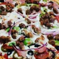 Works Pizza · Pepperoni, sausage, ham, bell peppers, mushrooms, onions, black olives, jalapeño, and pineap...