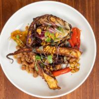 Spanish Braised Octopus · Charred radicchio, chili lime agave, mayocoba beans, coal-fired pickled peppers, chorizo spi...
