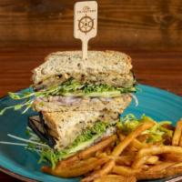 Eggplant Sandwich · Grilled eggplant, hummus, pea sprouts, cucumber, red onion, pepperoncini, everything bagel s...