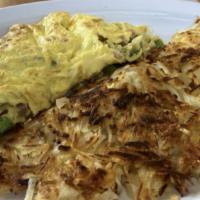 Denver Omelette · Three farm fresh eggs, diced ham, onions, bell peppers and melted Monterey jack & cheddar ch...