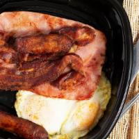 All-American Breakfast · Two eggs any style, two strips of bacon, two sausage links, a ham steak, and your choice of ...