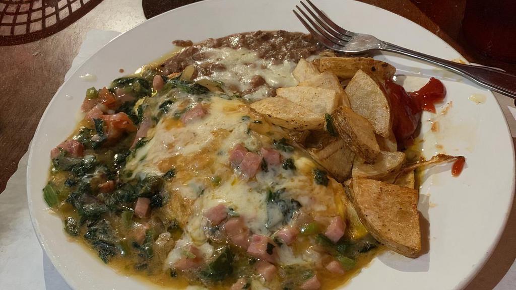 Popeye Omelette · Spinach, ham and cheese. Comes with choice of refried or black beans and potatoes.