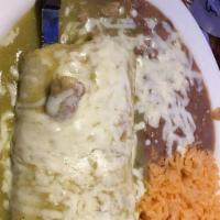 Chile Verde Burrito · Comes with rice and choice of refried or black beans.