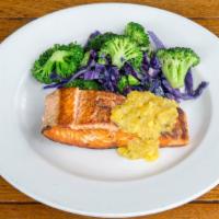Fresh Salmon · Pan-seared salmon, topped with a tequila mango sauce.