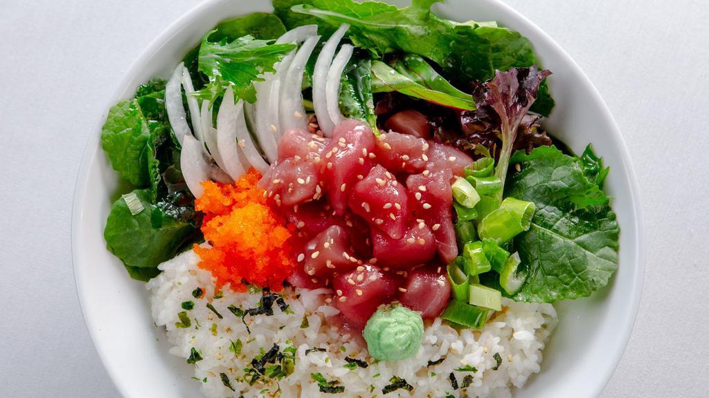 Medium Poke Bowl · Served with 3 scoops of protein and choice of side.