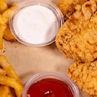 Chicken Tenders & Fries · Strips of deep-fried breaded chicken served with french fries.  Served with ranch and ketchup.
