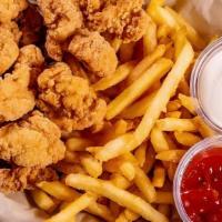 Popcorn Chicken & Fries · Marinated bite-sized chicken and french fries.  Served with ranch and ketchup.