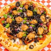Larry'S Classic Combination Pizza (Personal) · Pepperoni, sausage, freshly sliced mushrooms, bell peppers, red onions & black olives.
