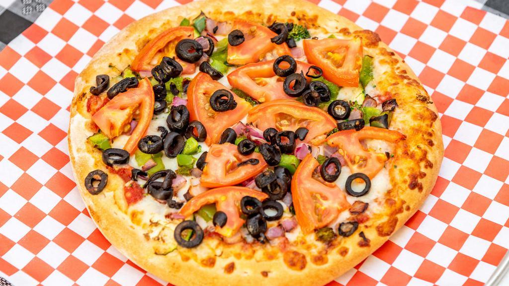 Larry'S Vegetarian Primavera Pizza (Xl) · Sliced zucchini, fresh broccoli, diced cauliflower, black olives, red onions, tomatoes and bell peppers.