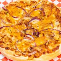 Bbq Chicken Pizza (Xxl) · KC BBQ sauce topped with tender chicken breast pieces, red onions, mozzarella, provolone, an...