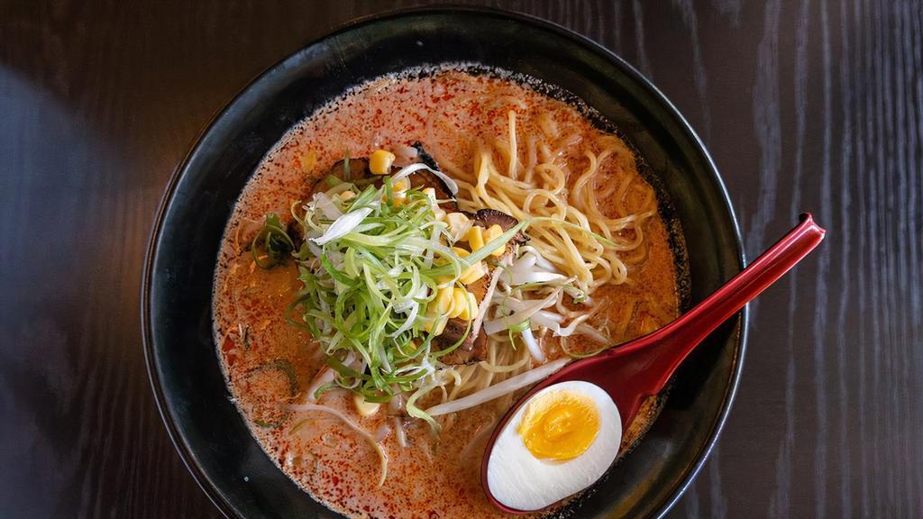 Yasai Ramen  · Roasted Black Garlic Flavor with Pork Broth, Green Onion, Boiled Egg, Bean Sprout, Kizami Ginger, Sweet Corn,
add Chili Oil & Shiitake Mushroom