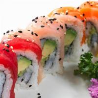 Rainbow Roll · In : California Roll
Out :  Tuna , Salmon, Tilapia, Shrimp
Ponzu Sauce