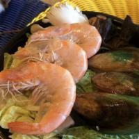 Seafood Soup Hot Pot(金汤海鲜锅） · Shrimp, mussel, squid, seaweed, mung bean sheet jelly, quail eggs, dried tofu, wood ear, shi...