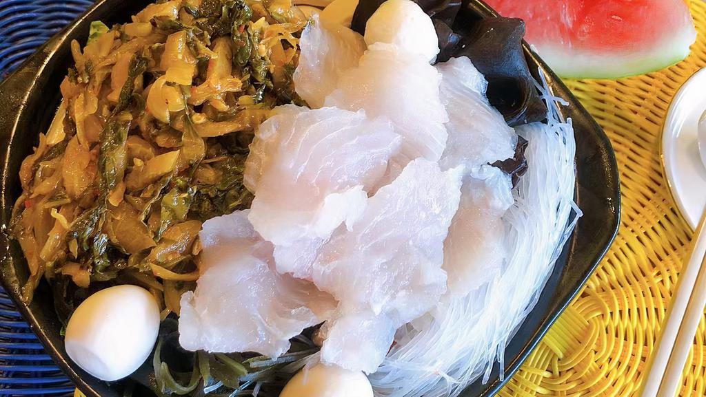 Sour Cabbage Fish Hot Pot(酸菜鱼片锅） · Fish fillets, fish ball, mung bean sheet jelly, quail eggs, dried tofu, wood ear, seaweed, dried beancurd stick, sour Cabbage, green vegetable.