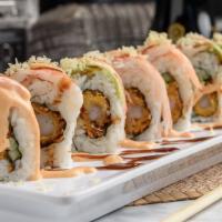 Sunset Roll (5 Pieces) · Inside is tuna, salmon, white fish, albacore, avocado, cucumber, and asparagus. Masago on th...