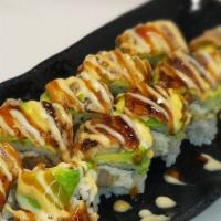 #116. Tiger Roll · Shrimp tempura, crab meat, avocado and unagi.
