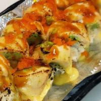 #127. Katrina Roll · Caterpillar roll topped with salmon torched with special sauces.