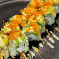 #114. Kanpai Roll · Shrimp tempura, crab meat, avocado and masago.