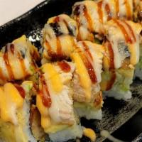 #125. Ichiban Roll · Spicy tuna, shrimp tempura, avocado and unagi with sauces.