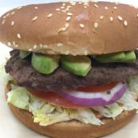 1/4 Avocado Hamburger · Burger with Avocado, Lettuce, Tomatoes, 1000 Island Sauce, and Onions.