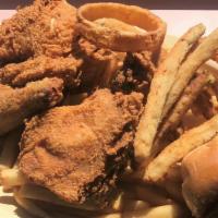Chicken Dinner · One breast,  wing, thigh and leg with dinner rolls, fries, and coleslaw or mixed salad lettu...