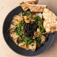 Clams Diane · Little neck clams, lemon, capers, spinach, shallot, white wine, pita.