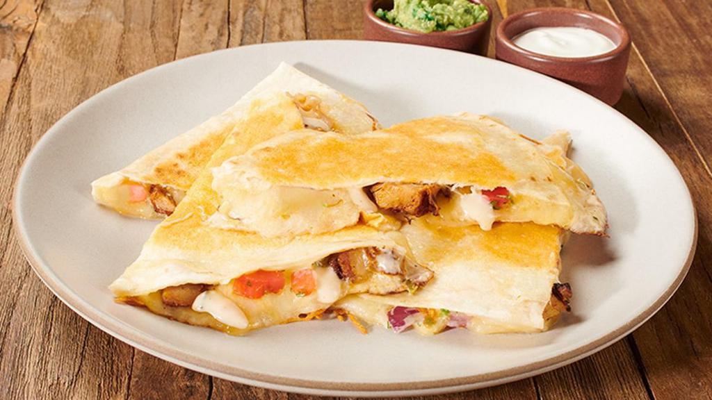 24 Karat Quesadilla · A golden cheese-crusted flour tortilla packed with your choice of protein, shredded cheese, pico de gallo, and QDOBA's famous three-cheese queso. Served with guacamole and sour cream on the side. What more could you ask for?