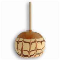 Tiger  Butter Apple · granny smith caramel apple in tiger butter (white conf/Peanut butter mix) stripe with milk c...