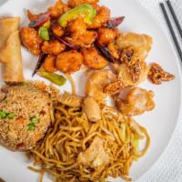 Combination Dinner B · Spicy general chicken and honey walnut shrimp. Served with egg roll, chicken fried rice or c...