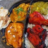 Non-Vegetarian Maharaja Lunch · Includes tandoor chicken, chicken tikka, seekh kebob, butter chicken, papadam, matter paneer...