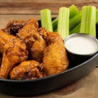 Wings Bone In Buffalo · served with bone-in wings, celery, carrots, choice of house ranch (245 cal) or bleu cheese (...