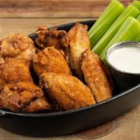 Wings Bone In Hot Dry Rub · Crispy bone-in wings, celery, smoked onion ranch (280 cal) or house-made blue cheese dressin...