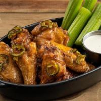 Wings Bone In Jalapeno · Crispy bone-in wings, celery, smoked onion ranch (280 cal) or house-made blue cheese dressin...