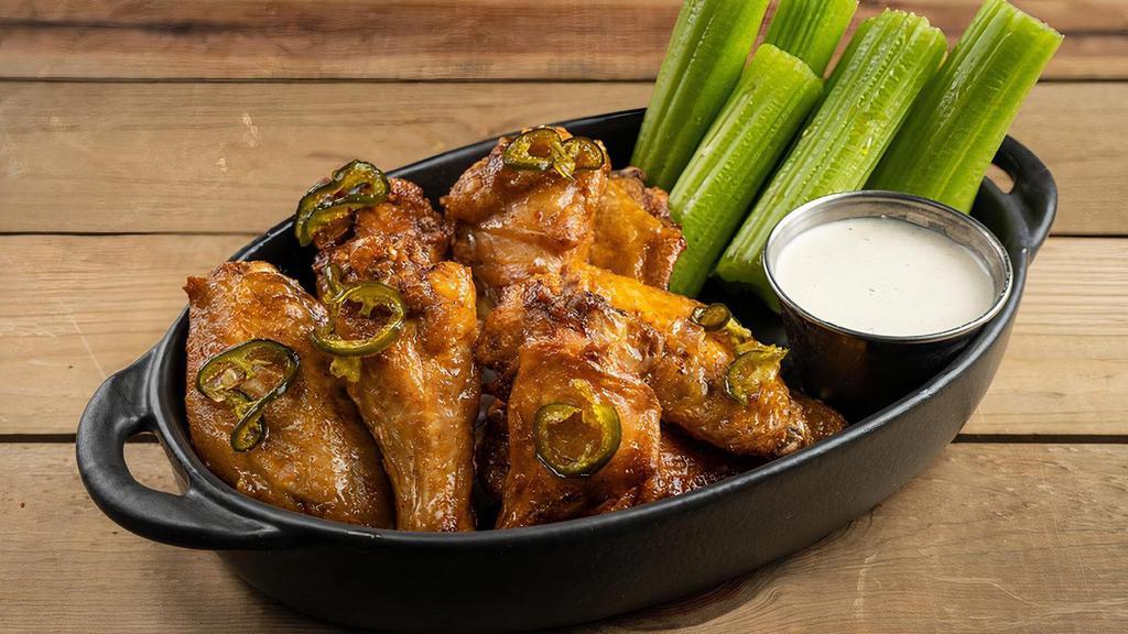 Wings Bone In Jalapeno · Crispy bone-in wings, celery, smoked onion ranch (280 cal) or house-made blue cheese dressing (250 cal)