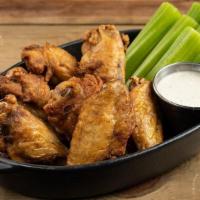 Wings Bone In Plain · served with bone-in wings, celery, carrots, choice of house ranch (245 cal) or bleu cheese (...