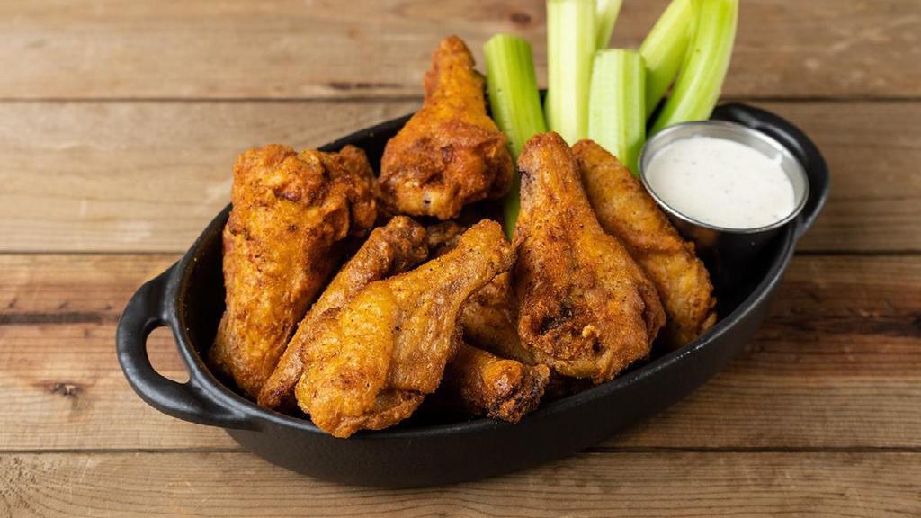 Wings Bone In Old Bay Dry Rub  · Crispy bone-in wings, celery, smoked onion ranch (280 cal) or house-made blue cheese dressing (250 cal)