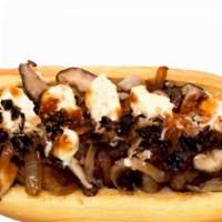 Umai Truffle Dog · 100% Angus Beef | Caramelized Onions | White Truffle | Shitake Mushrooms | Minced Mushrooms ...