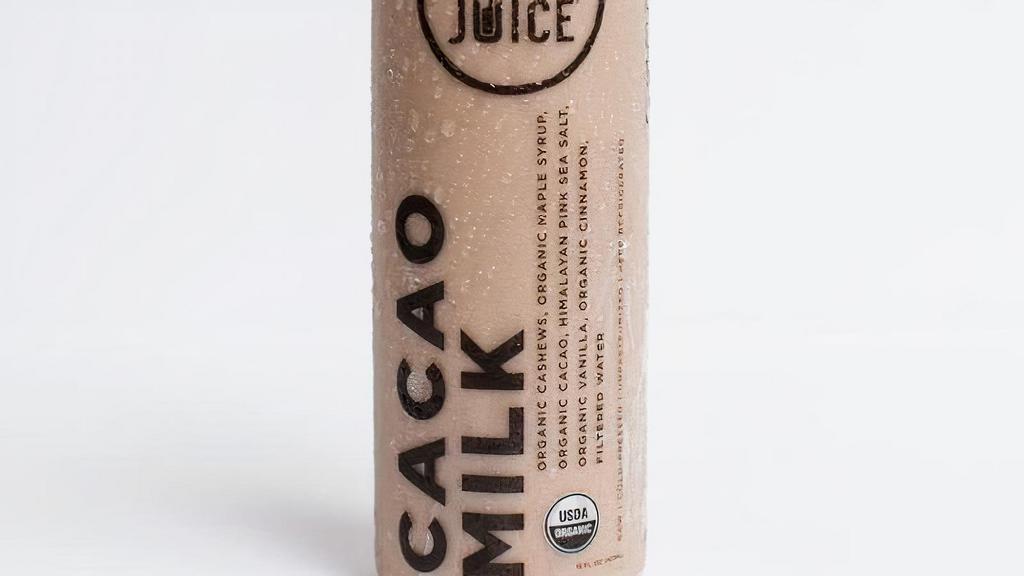 Cacao Milk 16 Oz · Organic Cashews, Organic Vanilla, Organic Cinnamon, Organic Maple Syrup, Organic Himalayan Pink Sea Salt, Organic Cacao. *Our team works very hard to keep the cold-press fridge stocked, but we can't guarantee your store will have every option available! Please call to confirm availability.. Nutritional information is based on 8oz serving.. Total Calories - 219. Calories from Fat - 115. Total Fat - 13 g. Saturated Fat - 2 g. Trans Fat - 0 g. Cholesterol - 0 mg. Sodium - 85 mg. Total Carbs - 21 g. Dietary Fiber - 2 g. Sugars - 13 g. Protein - 5 g