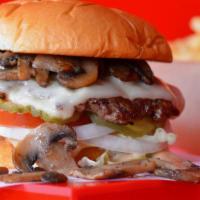 Mushroom Swiss Cheeseburger · Smash Burger patty with smash sauce, swiss cheese, grilled mushrooms, shredded lettuce, toma...