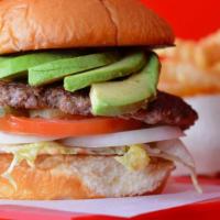 Avocado Burger · Smash Burger patty with smash sauce, fresh avocado, shredded lettuce, tomato, onion and pick...