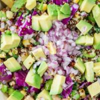 Cali Chop Bowl · Avocado, kale, quinoa, black bean, corn, red cabbage, edamame, and red onion served with avo...