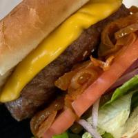 Cheeseburger · 1/3lb Beef Patty Topped with Soy Cheese on a Sesame Bun. 

Choose: Lettuce, Tomatoes, Pickel...